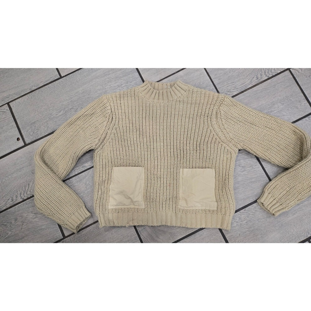 Zara Womens Beige Chunky Knit Cropped Sweater Mock Neck Elbow Patches Size M